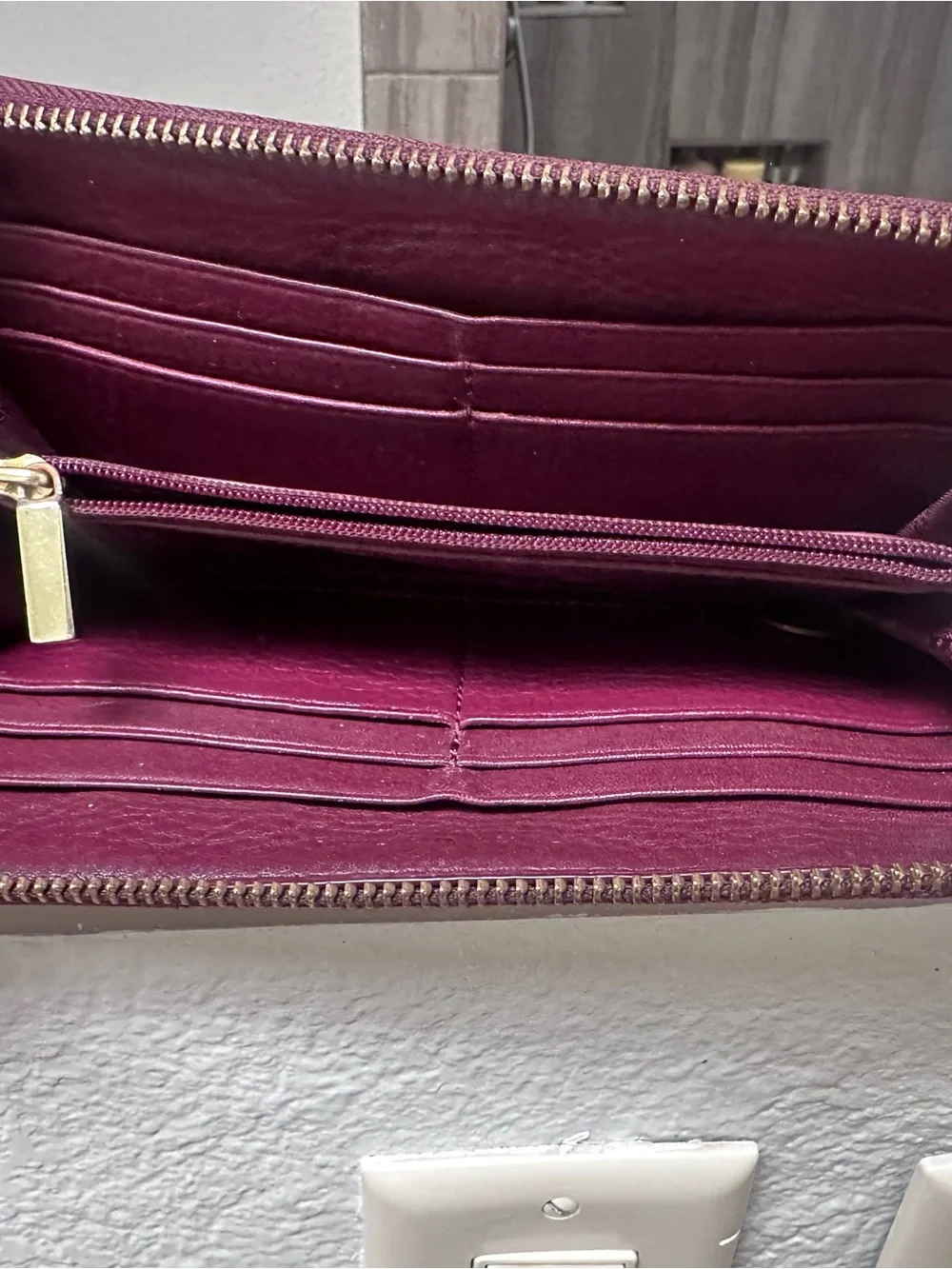 Tory Burch Leather Zip Wallet in Deep Berry with Gold Logo
